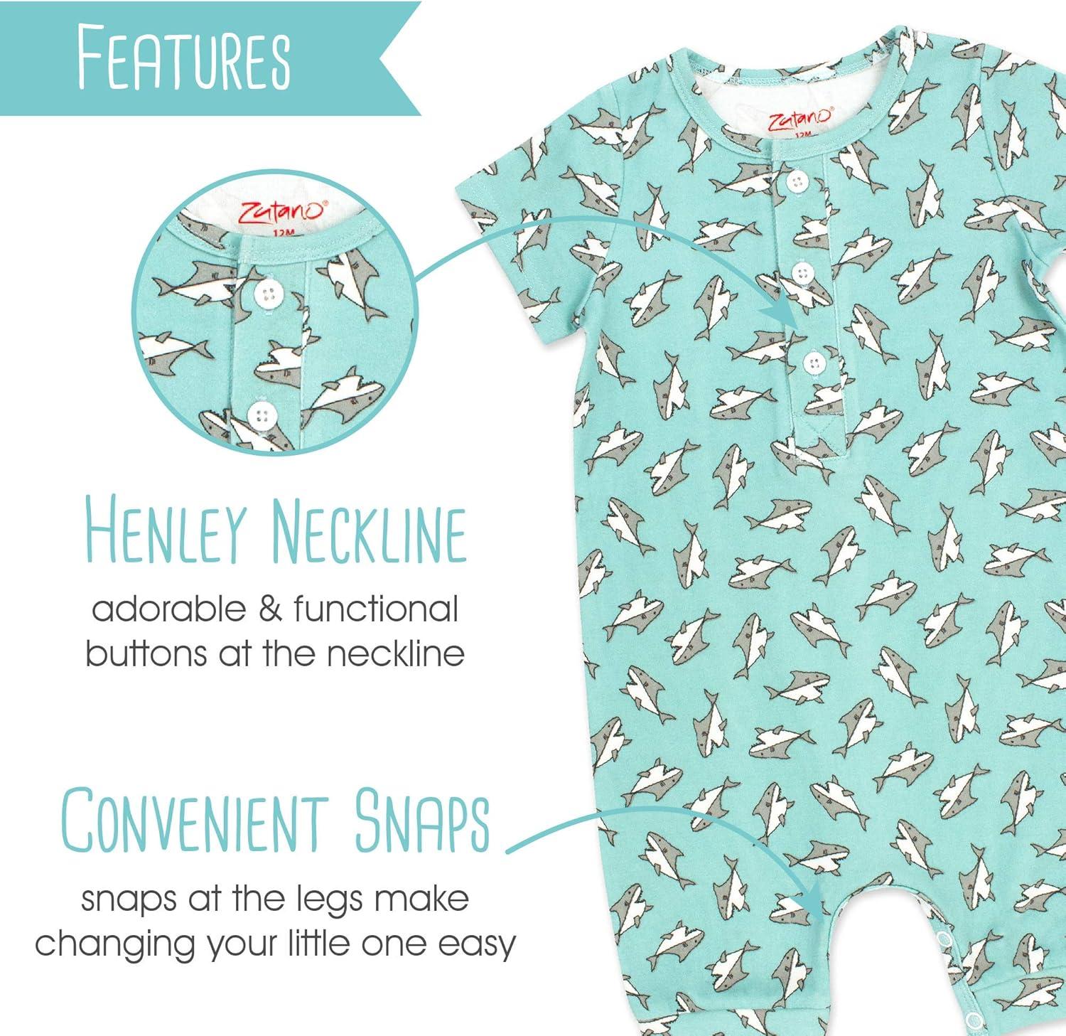 imageZutano Baby Boys Organic Cotton Henley Bodysuit ShortSleeve Romper Playsuit for BabiesBaby Shark