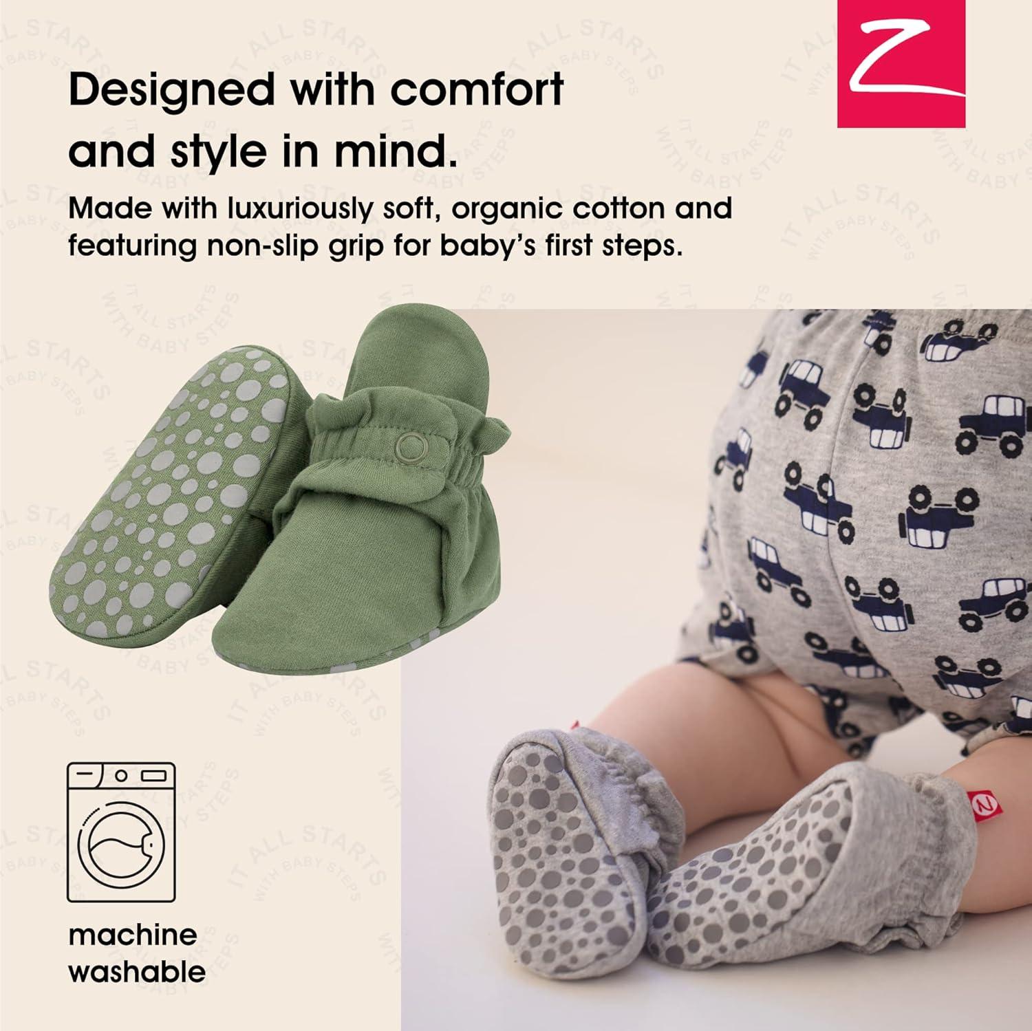 imageZutano Cotton Baby Booties with Gripper Soles Soft Sole StayOn Baby Shoes Bundle OliveCreamKhaki 6M