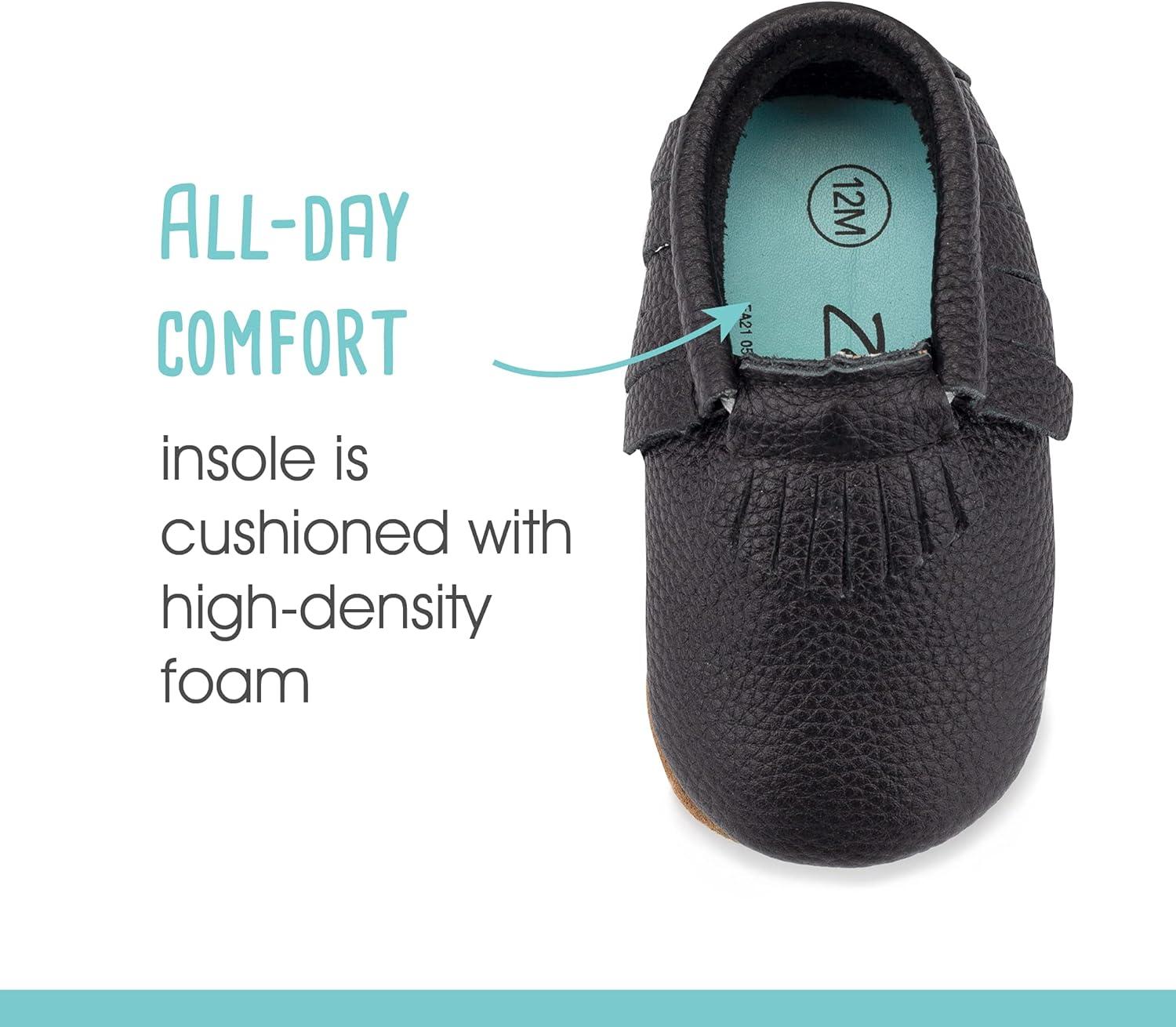 imageZutano Unisex Baby Leather Moccasins Slip Resistant SoftSole Stay On Baby ShoesBlack Fringe