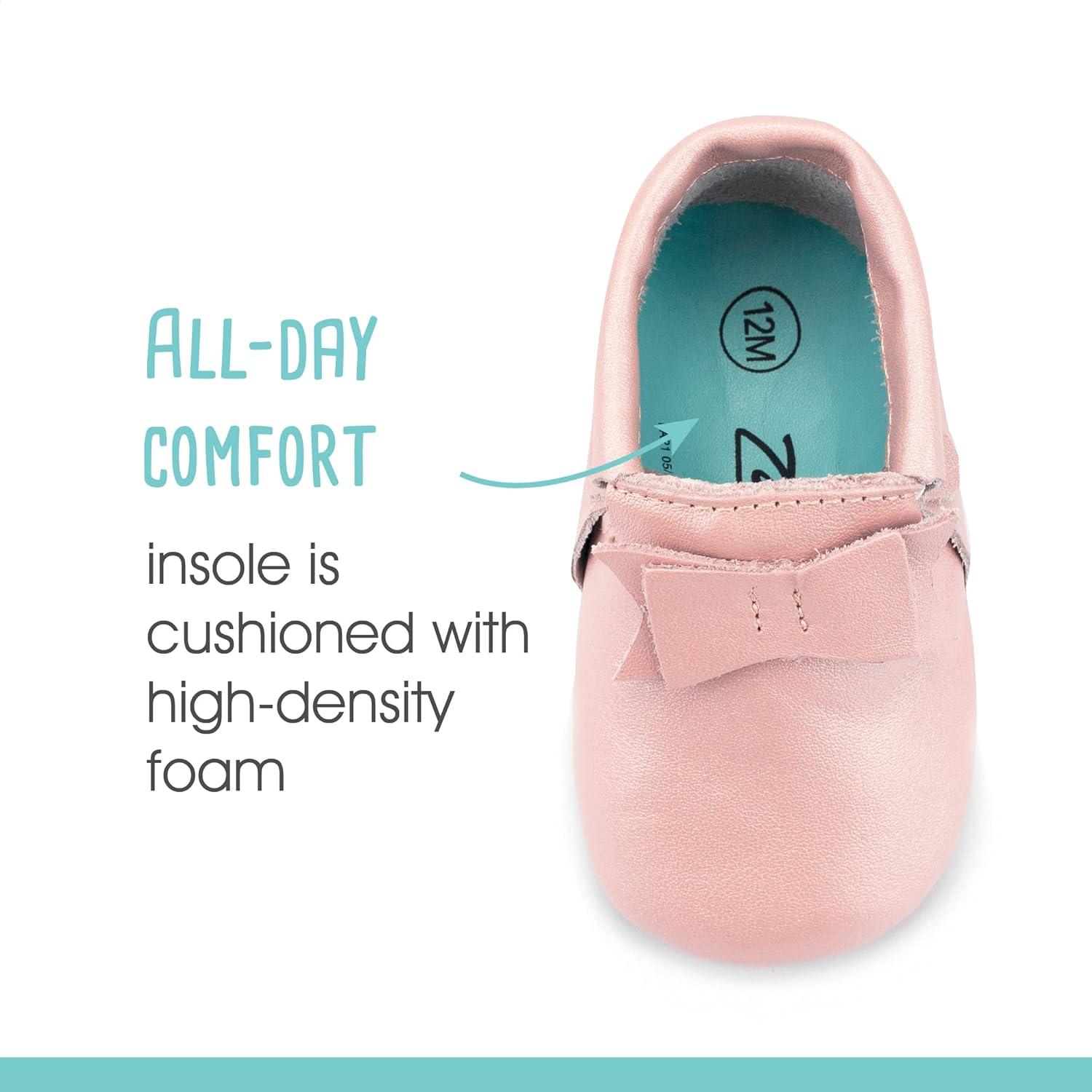 imageZutano Unisex Baby Leather Moccasins Slip Resistant SoftSole Stay On Baby ShoesPink Shimmer Bow