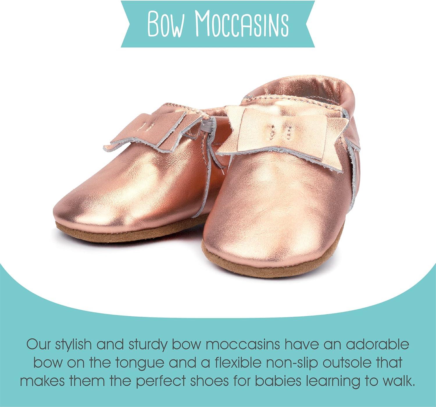 imageZutano Unisex Baby Leather Moccasins Slip Resistant SoftSole Stay On Baby ShoesRustic Rose Gold Bow