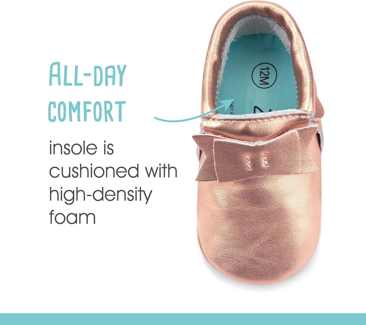 imageZutano Unisex Baby Leather Moccasins Slip Resistant SoftSole Stay On Baby ShoesRustic Rose Gold Bow
