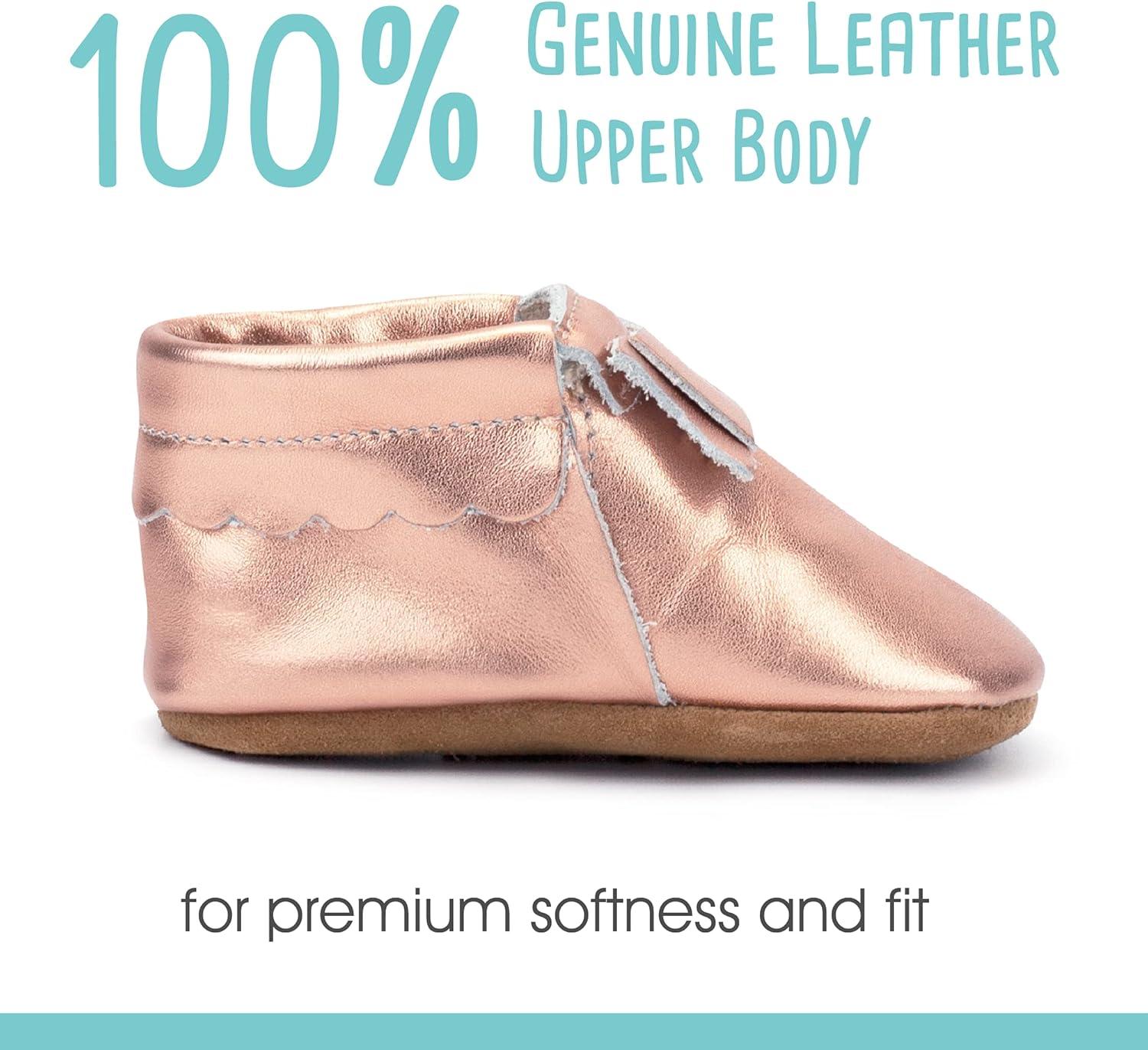 imageZutano Unisex Baby Leather Moccasins Slip Resistant SoftSole Stay On Baby ShoesRustic Rose Gold Bow