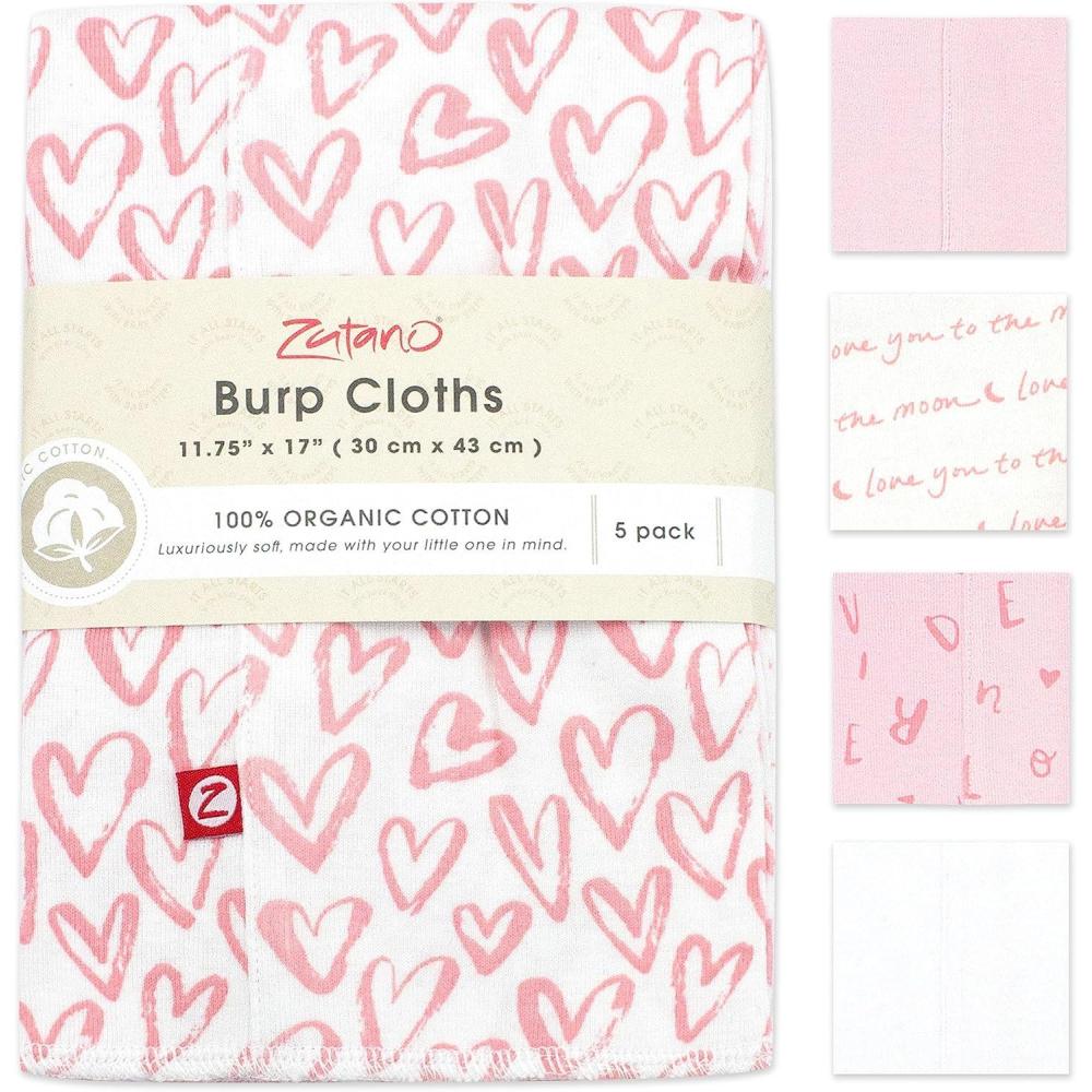 imageZutano 5Pack Organic Burp Cloths for Baby Girl amp Boy Large Cotton Burping Cloths for Babies  Absorbent Baby SpitUp Rags  Gender Neutral Burp Clothes  Newborn Essentials Heather GrayPink Hearts