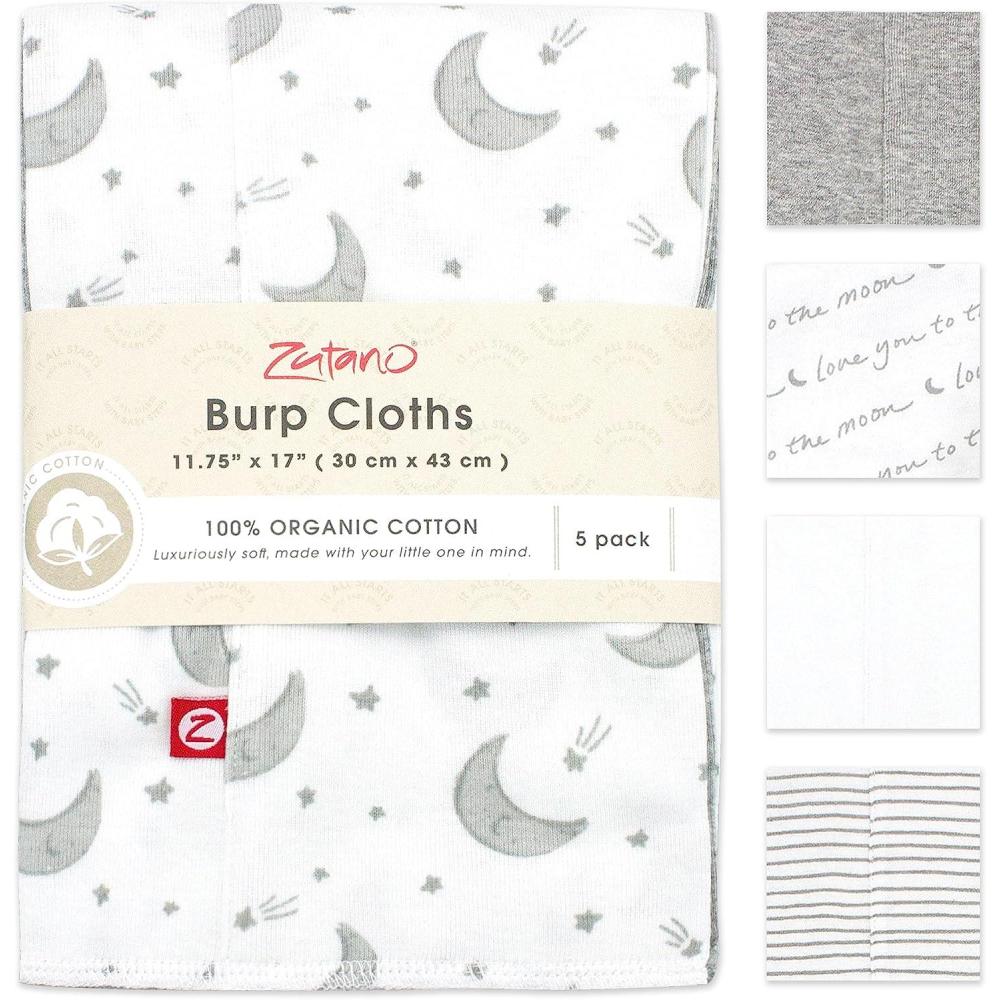imageZutano 5Pack Organic Burp Cloths for Baby Girl amp Boy Large Cotton Burping Cloths for Babies  Absorbent Baby SpitUp Rags  Gender Neutral Burp Clothes  Newborn Essentials Heather GrayLove You to the Moon