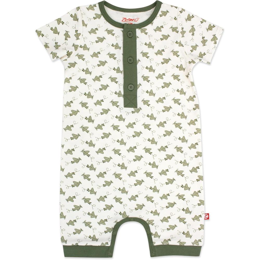 imageZutano Baby Boys Organic Cotton Henley Bodysuit ShortSleeve Romper Playsuit for BabiesAirplanes