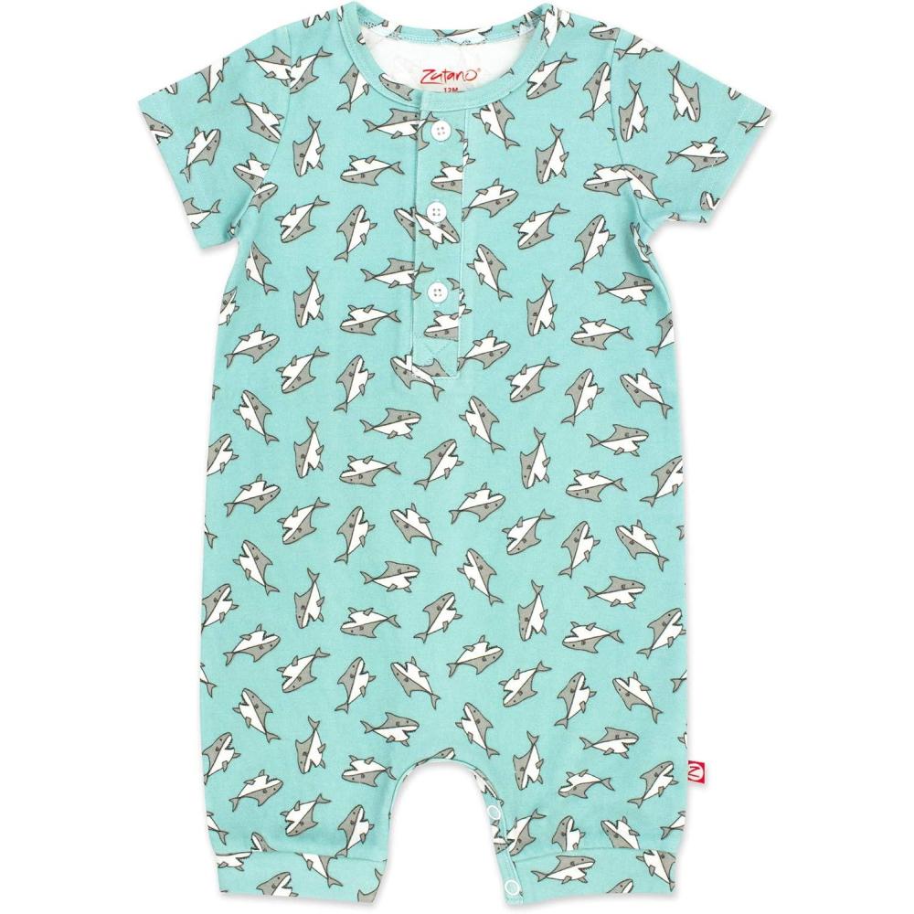 imageZutano Baby Boys Organic Cotton Henley Bodysuit ShortSleeve Romper Playsuit for BabiesBaby Shark