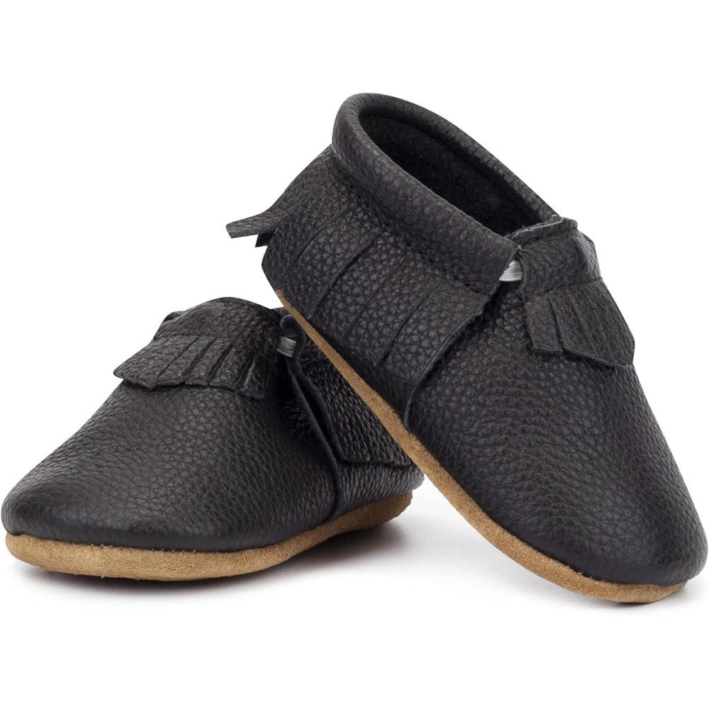 imageZutano Unisex Baby Leather Moccasins Slip Resistant SoftSole Stay On Baby ShoesBlack Fringe