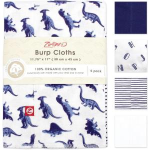 Zutano 5-Pack Organic Burp Cloths for Baby Girl & Boy, Large Cotton Burping Cloths for Babies | Absorbent Baby Spit-Up Rags | Gender Neutral Burp Clothes | Newborn Essentials, Heather Gray(Dino Party)