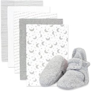 Zutano Newborn Girl Gift Set | 5 Pack Organic Burp Cloths and 0-3 month Fleece Baby Booties, Bundle, 3M