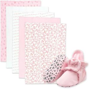 Zutano Newborn Girl Gift Set | 5 Pack Organic Burp Cloths and Cotton, Stay-On Baby Booties, Bundle, Baby Pink & Hearts, 6M