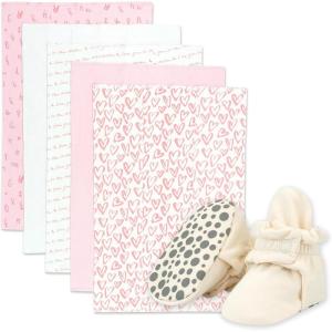 Zutano Newborn Girl Gift Set | 5 Pack Organic Burp Cloths and Cotton, Stay-On Baby Booties, Bundle, Cream & Hearts, 3M