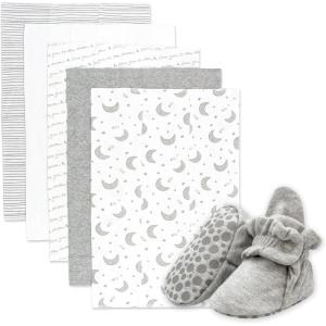 Zutano Newborn Unisex Gift Set | 5 Pack Organic Burp Cloths and Cotton, Stay-On Baby Booties, Bundle, Heather Gray & Moons, 6M