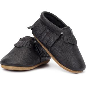 Zutano Unisex Baby Leather Moccasins, Slip Resistant, Soft-Sole Stay On Baby Shoes(Black – Fringe)