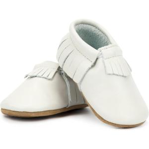 Zutano Unisex Baby Leather Moccasins, Slip Resistant, Soft-Sole Stay On Baby Shoes(Pearl – Fringe)