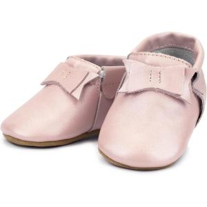 Zutano Unisex Baby Leather Moccasins, Slip Resistant, Soft-Sole Stay On Baby Shoes(Pink Shimmer – Bow)