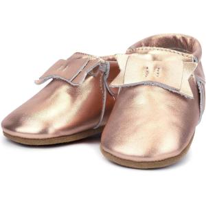 Zutano Unisex Baby Leather Moccasins, Slip Resistant, Soft-Sole Stay On Baby Shoes(Rustic Rose Gold – Bow)