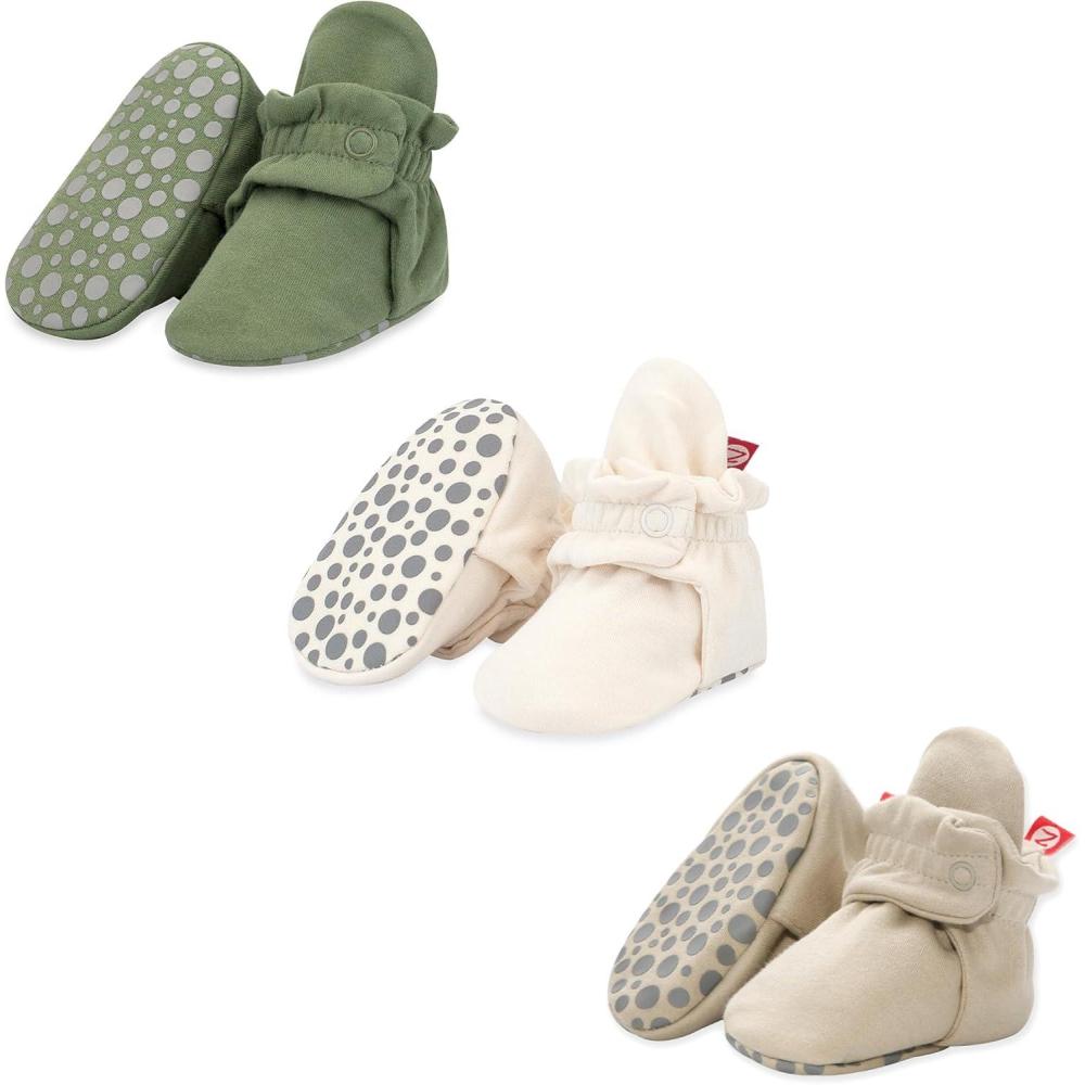 imageZutano Cotton Baby Booties with Gripper Soles Soft Sole StayOn Baby Shoes Bundle OliveCreamKhaki 18M