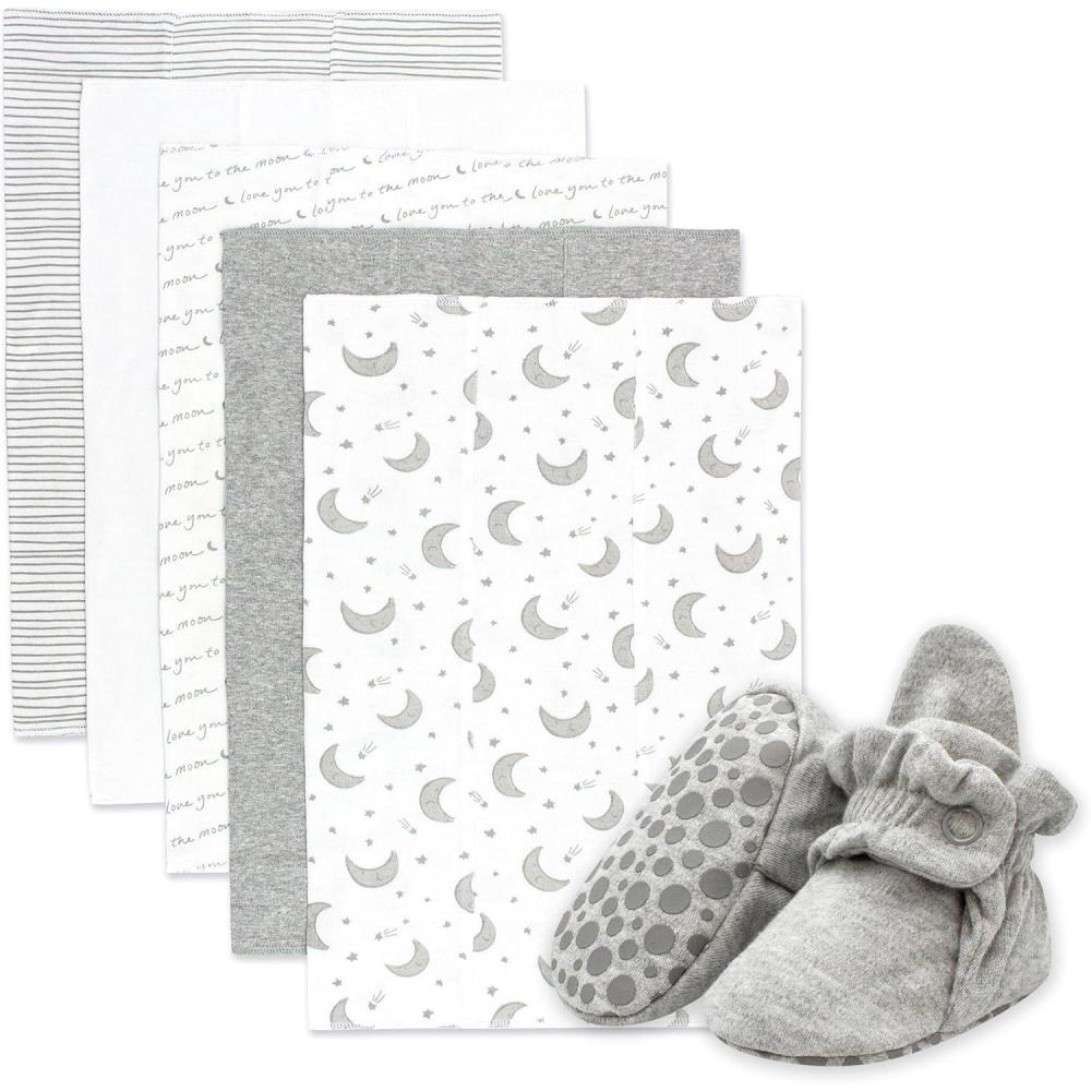 imageZutano Newborn Unisex Gift Set  5 Pack Organic Burp Cloths and Cotton StayOn Baby Booties Bundle Heather Gray amp Moons 3M
