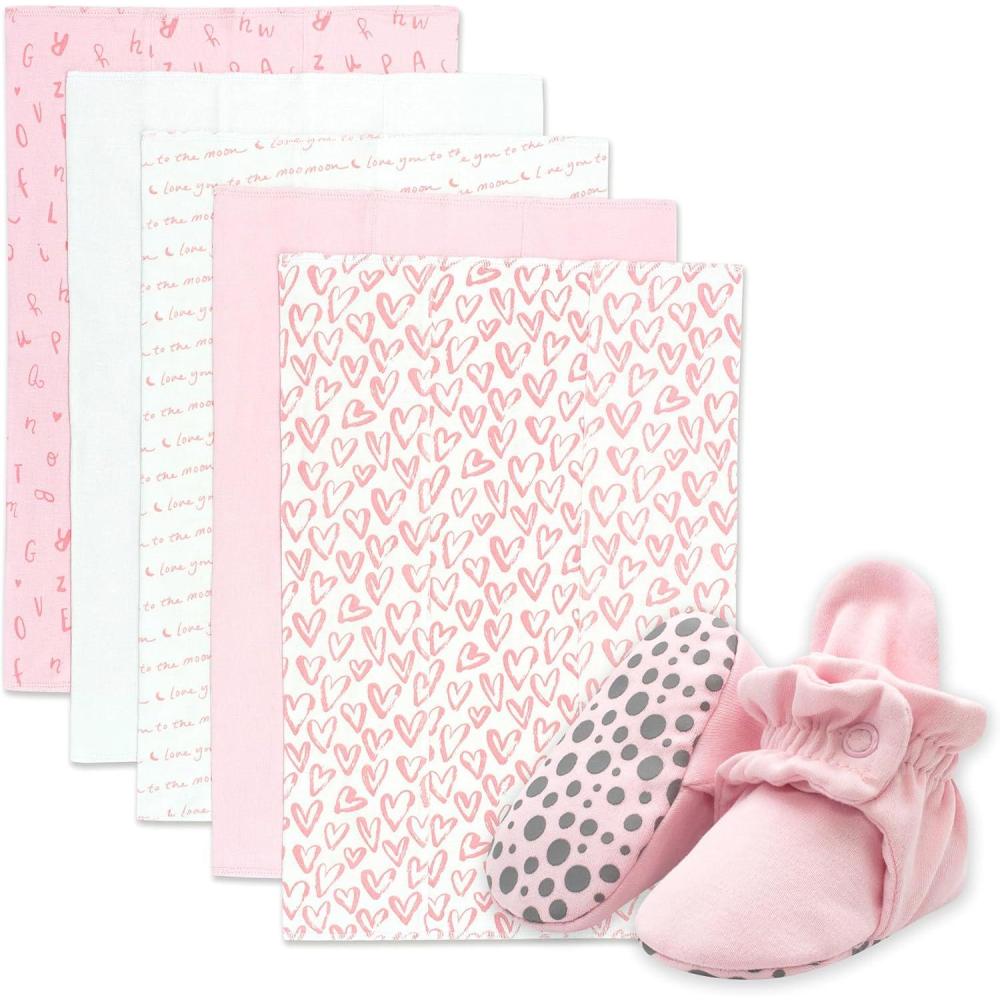 imageZutano Newborn Girl Gift Set  5 Pack Organic Burp Cloths and Cotton StayOn Baby Booties Bundle Baby Pink amp Hearts 3M