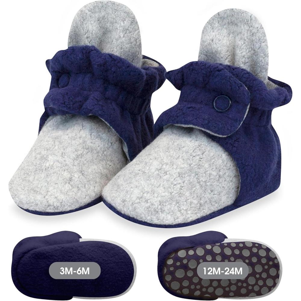 imageZutano Baby Boys Cozie Fleece Baby Booties With GrippersHeather GrayTrue Navy
