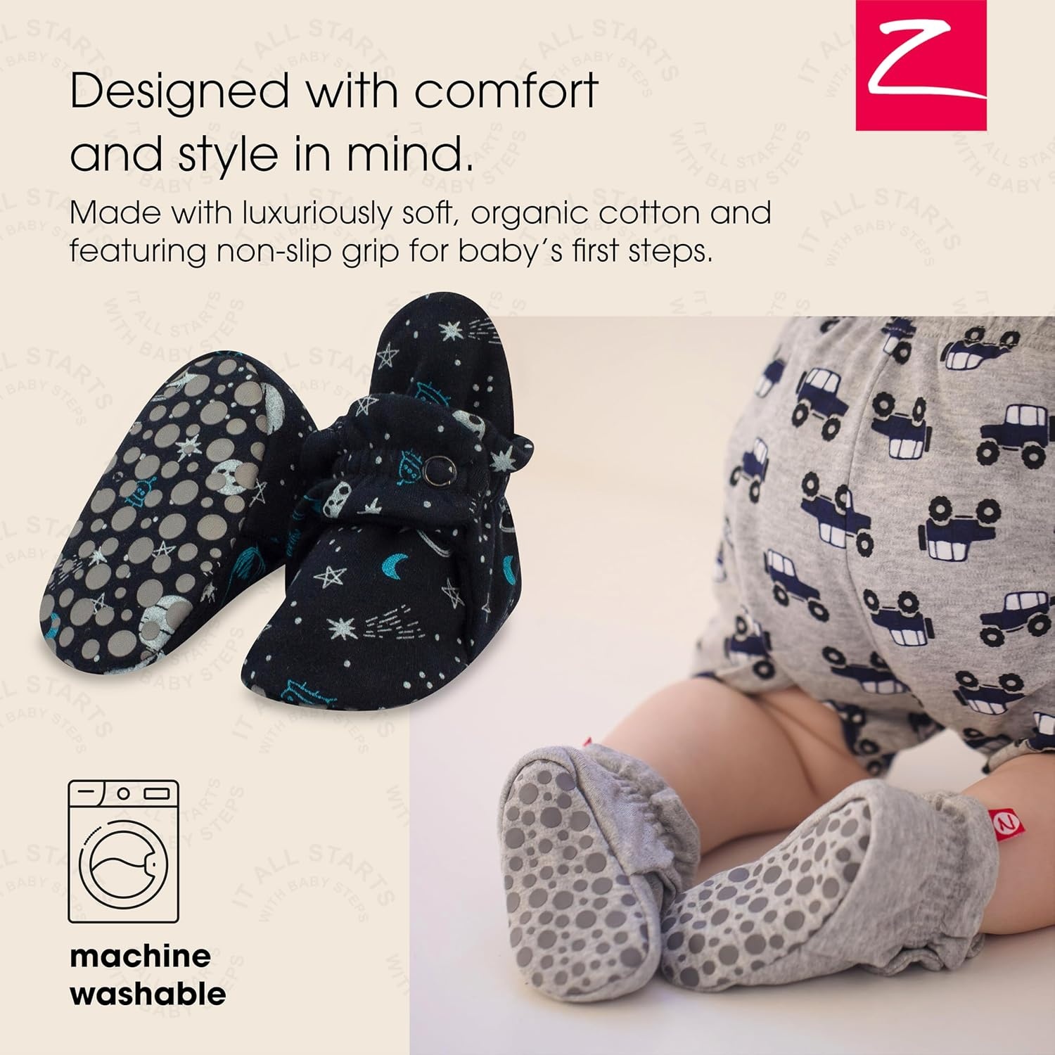 image:imageZutano Unisex Organic Cotton Baby Booties StayOn and NonSlip Newborn to ToddlerOuter Space Jam