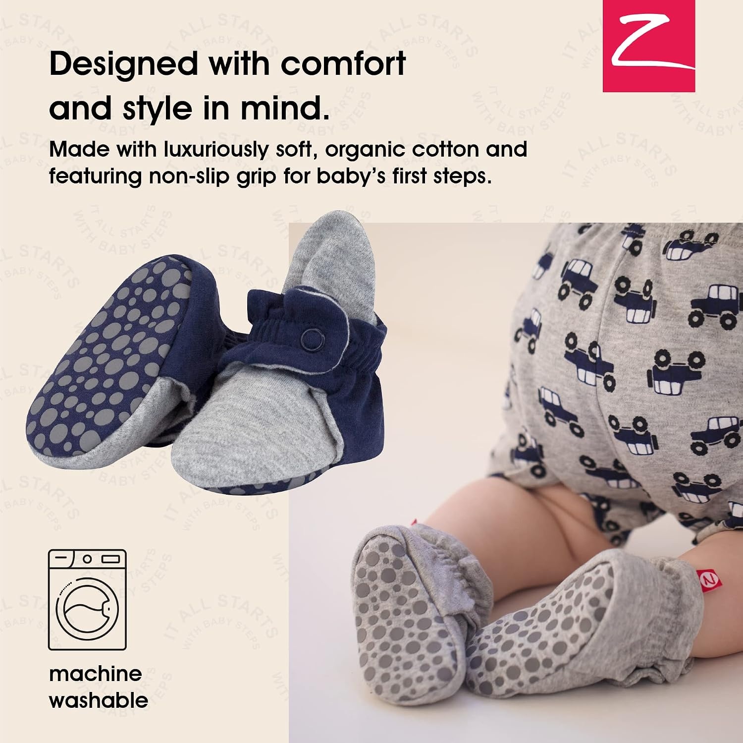 image:imageZutano Unisex Organic Cotton Baby Booties With Gripper Soles True NavyGray Heather 18M